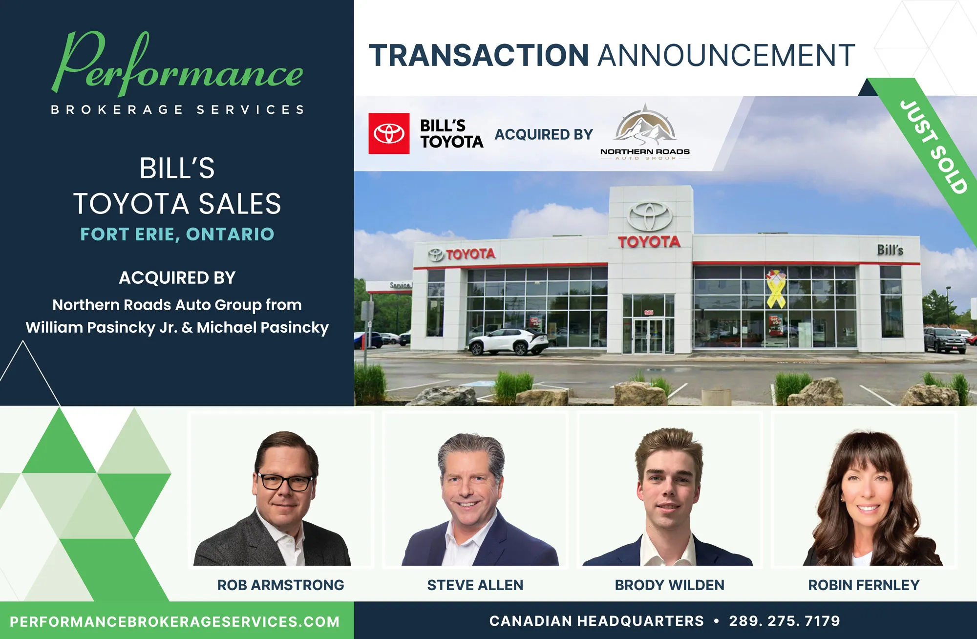 Bill's Toyota Sales sells to Northern Roads Auto Group with Performance Brokerage