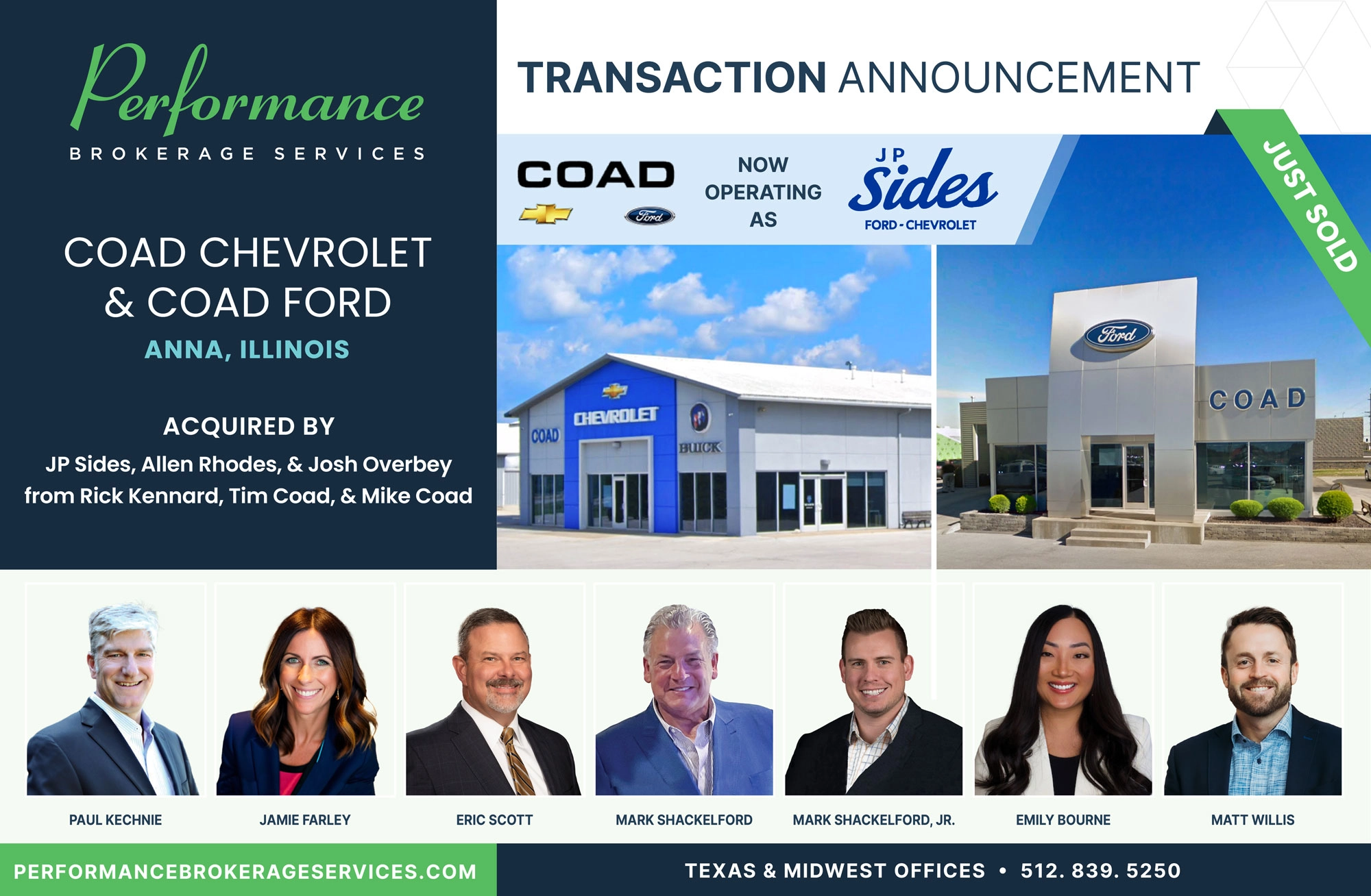 Coad Chevrolet Ford sells to JP Sides, Allen Rhodes and Josh Overbey with Performance Brokerage
