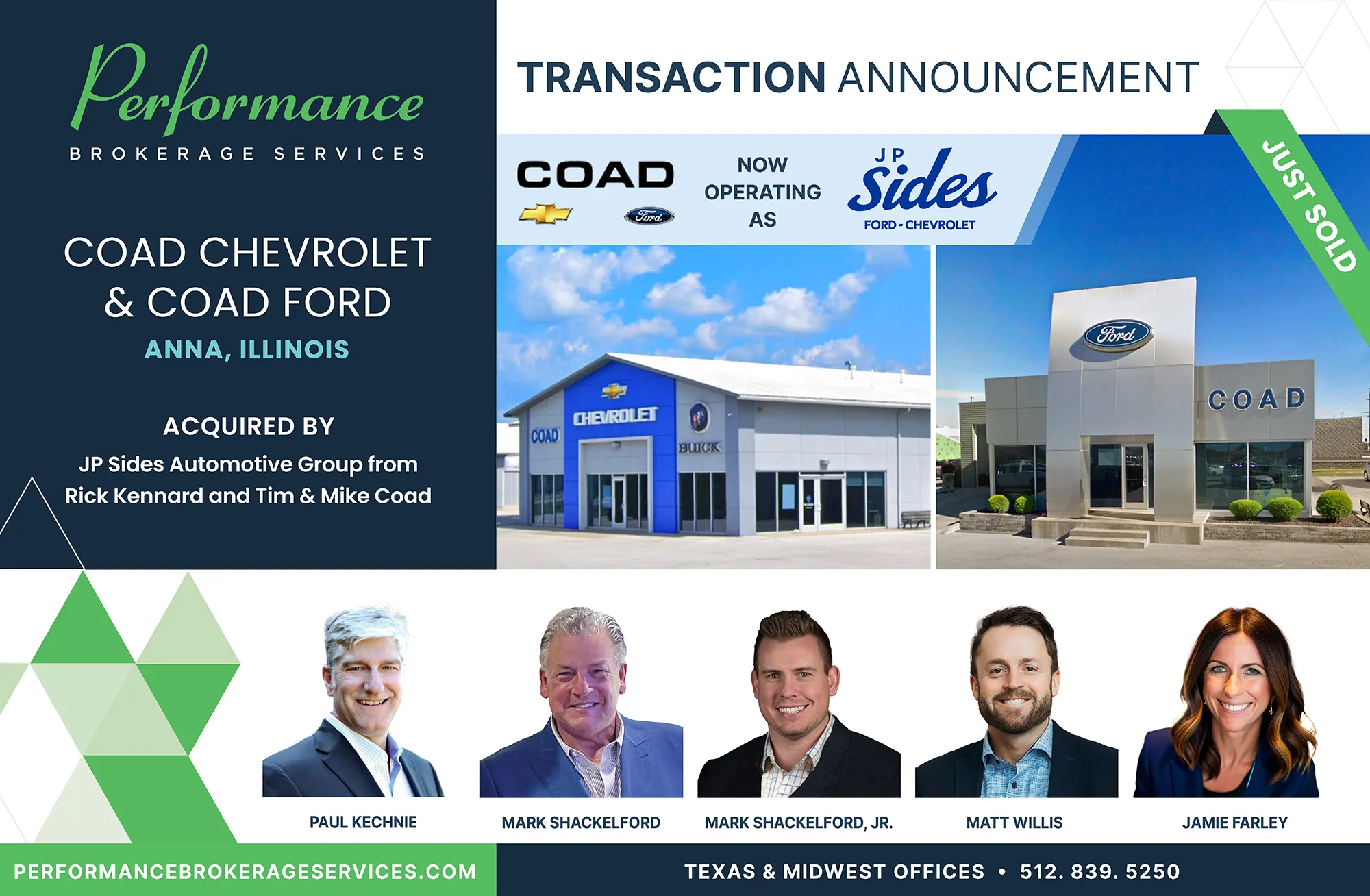 Transaction announcement for Coad Chevrolet and Coad Ford in Anna, Illinois, acquired by JP Sides Automotive Group, represented by Performance Brokerage Services.