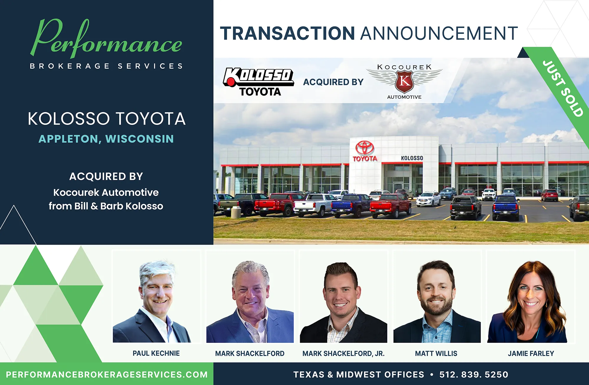 Kolosso Toyota transaction announcement in Appleton, Wisconsin by Performance Brokerage Services.
