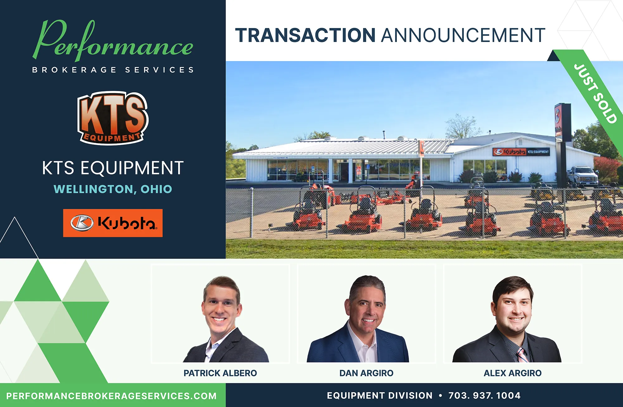 Transaction announcement for KTS Equipment in Wellington, Ohio, represented by Performance Brokerage Services, featuring the dealership exterior and PBS advisors Patrick Albero, Dan Argiro, and Alex Argiro.