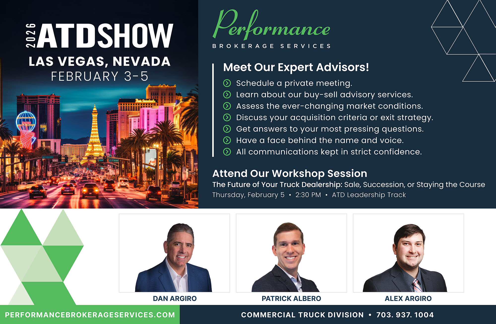 PBS commercial truck division ad for the 2026 ATD Show in Las Vegas with advisor info and team photos.