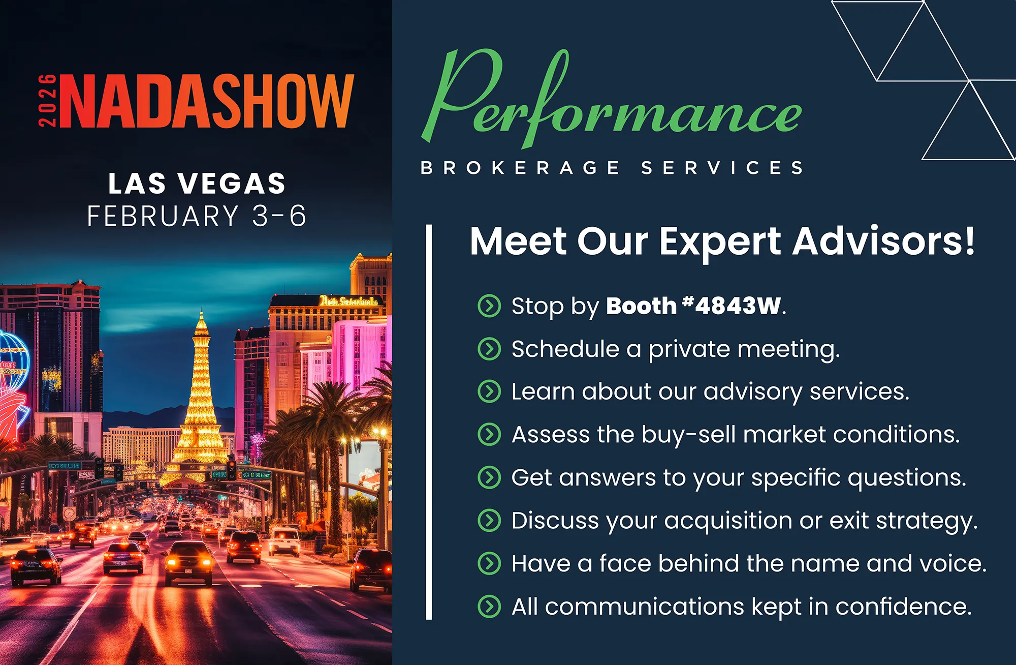 Performance Brokerage Services promoting its presence at the 2026 NADA Show in Las Vegas
