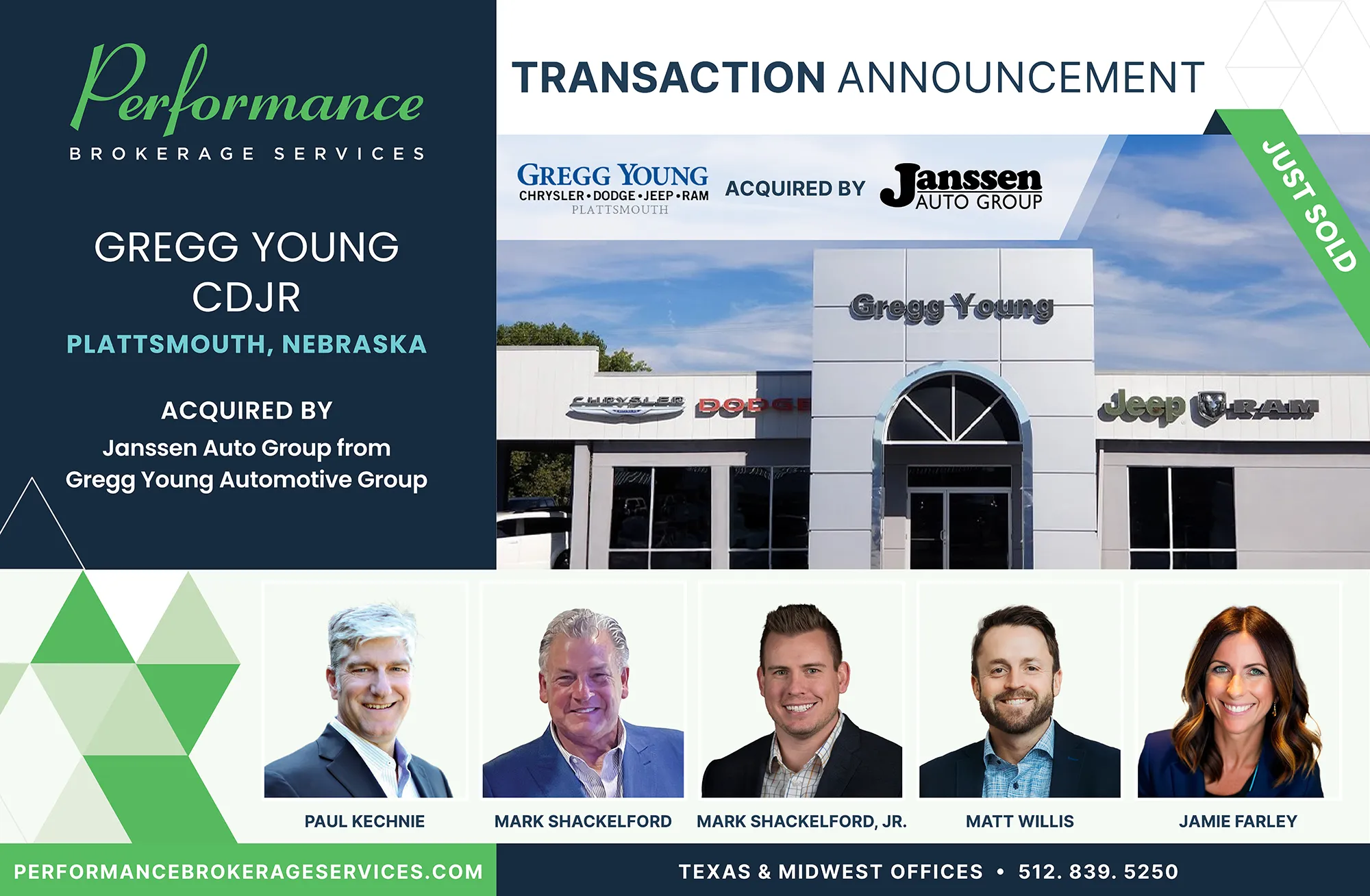 Gregg Young CDJR Plattsmouth sells to Janssen Auto Group with Performance Brokerage