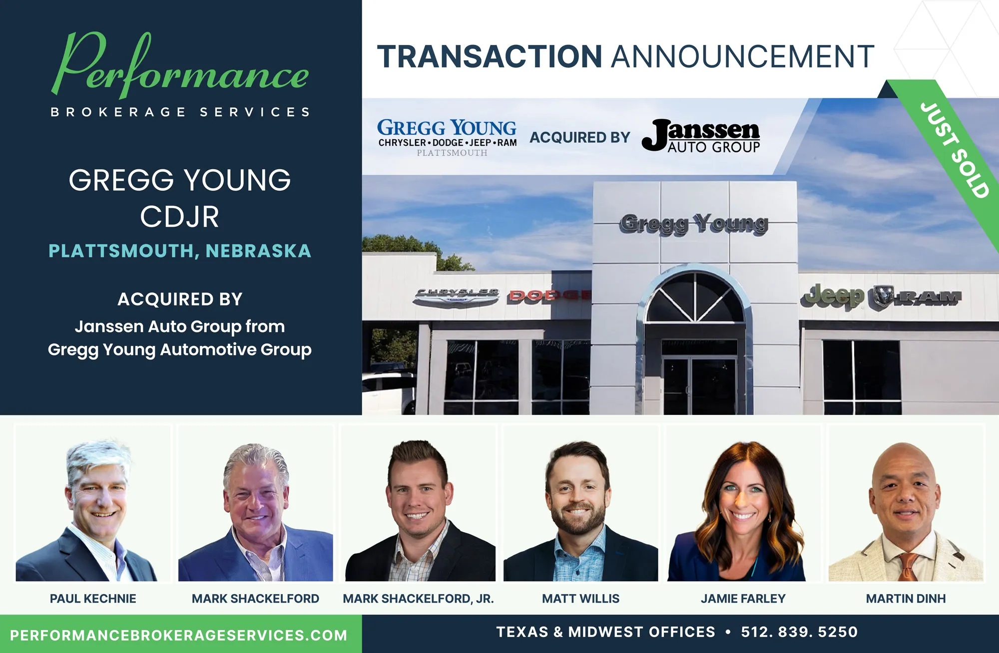 Gregg Young CDJR Plattsmouth sells to Janssen Auto Group with Performance Brokerage