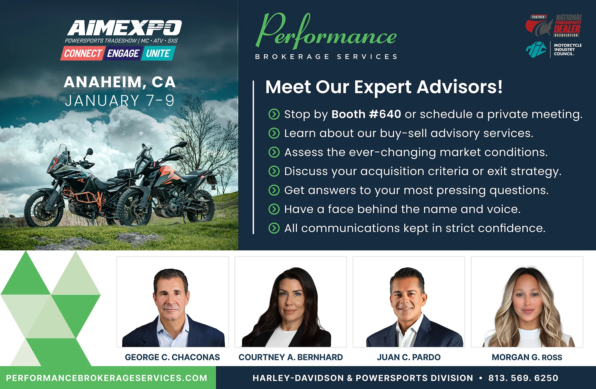 Performance Brokerage Services AIMExpo 2025 graphic featuring booth information, expert advisors, and event details for the Anaheim tradeshow.