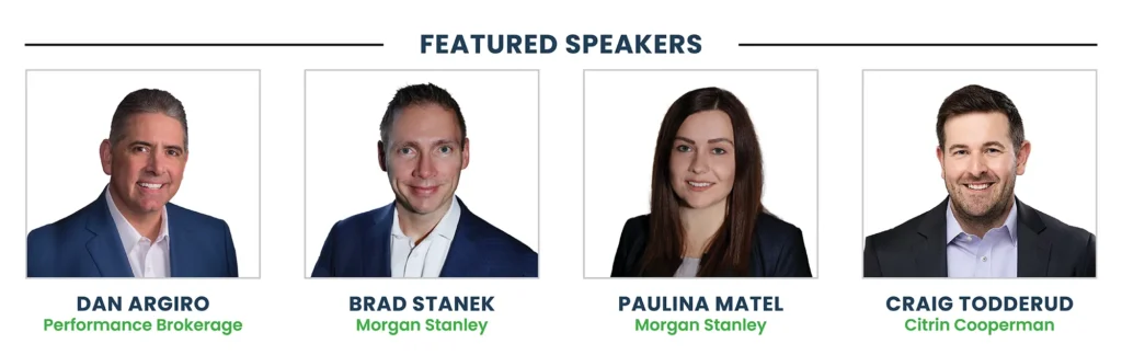 Featured speakers for the 2026 ATD Show, including Dan Argiro of Performance Brokerage Services, Brad Stanek and Paulina Matel of Morgan Stanley, and Craig Todderud of Citrin Cooperman.