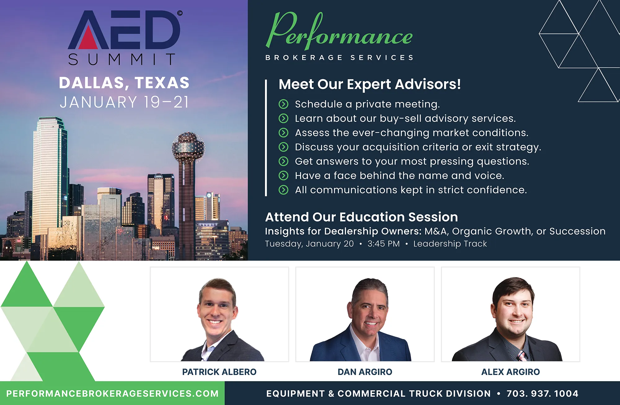 Performance Brokerage Services advisors Patrick Albero, Dan Argiro, and Alex Argiro attending the 2026 AED Summit in Dallas, Texas, promoting their education session on M&A, organic growth, and succession planning.