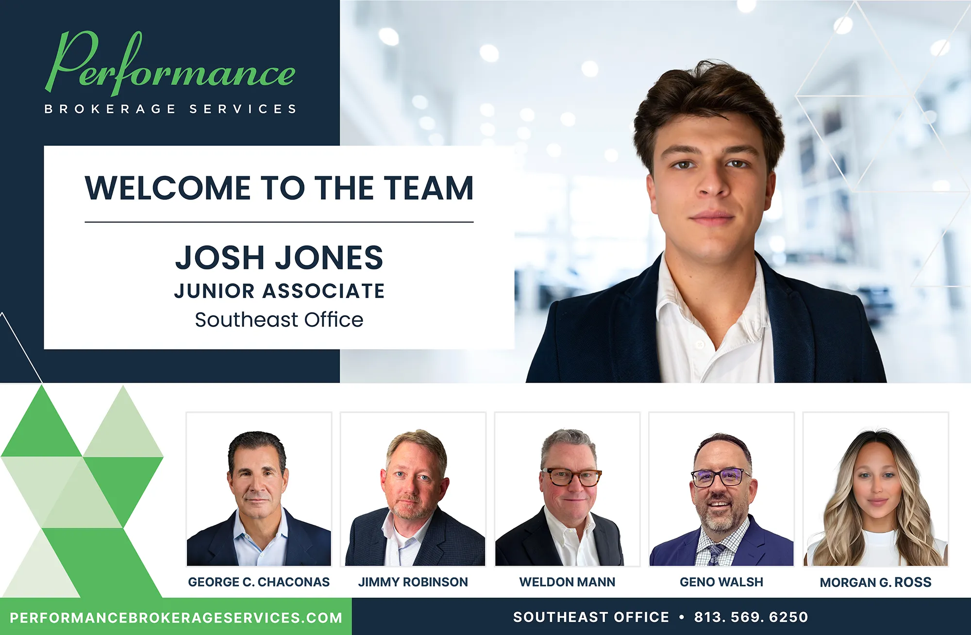 Welcome announcement for Josh Jones, Junior Associate at Performance Brokerage Services, Southeast Office.