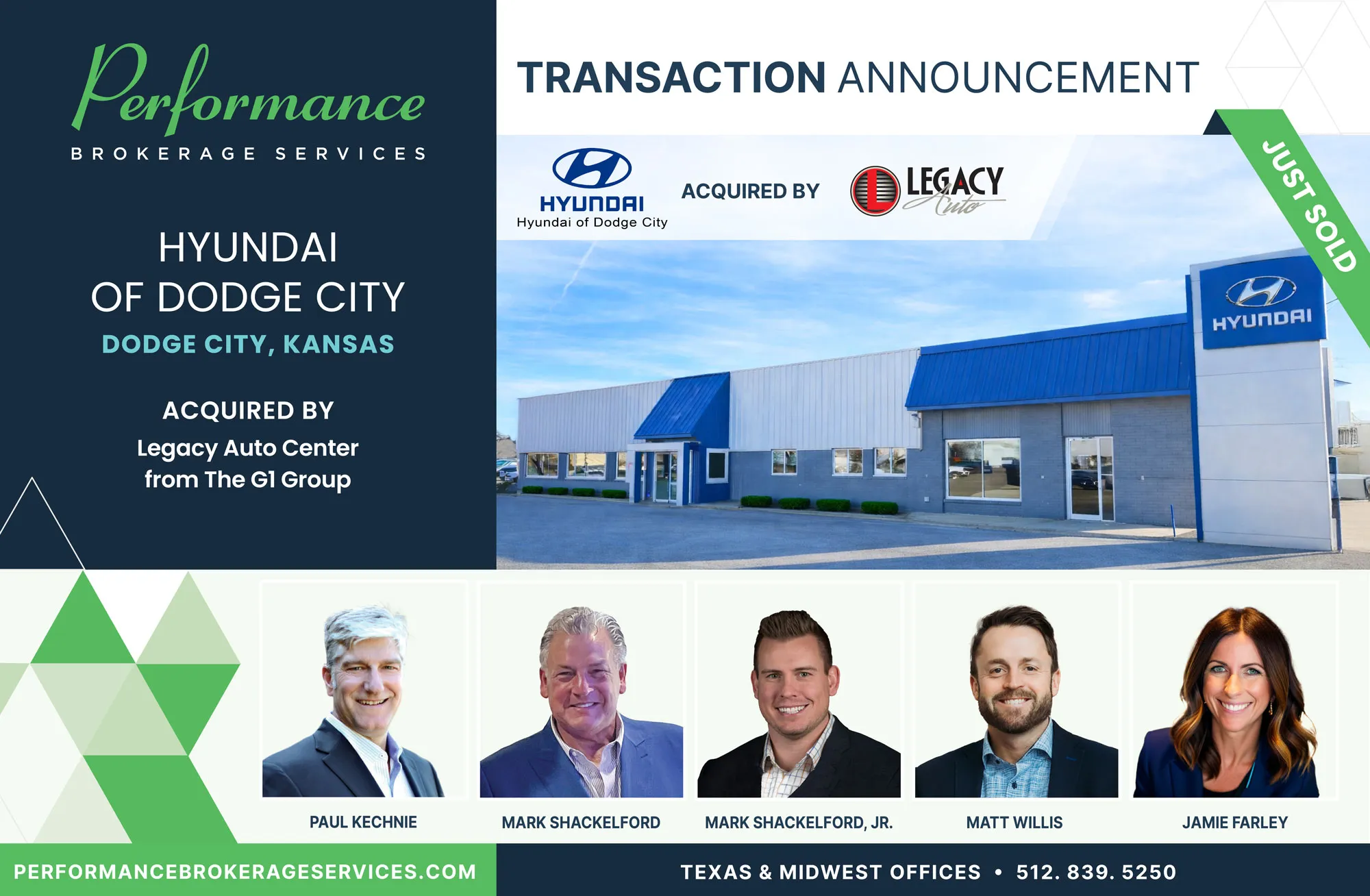 Hyundai of Dodge City sells to Legacy Auto Center with Performance Brokerage
