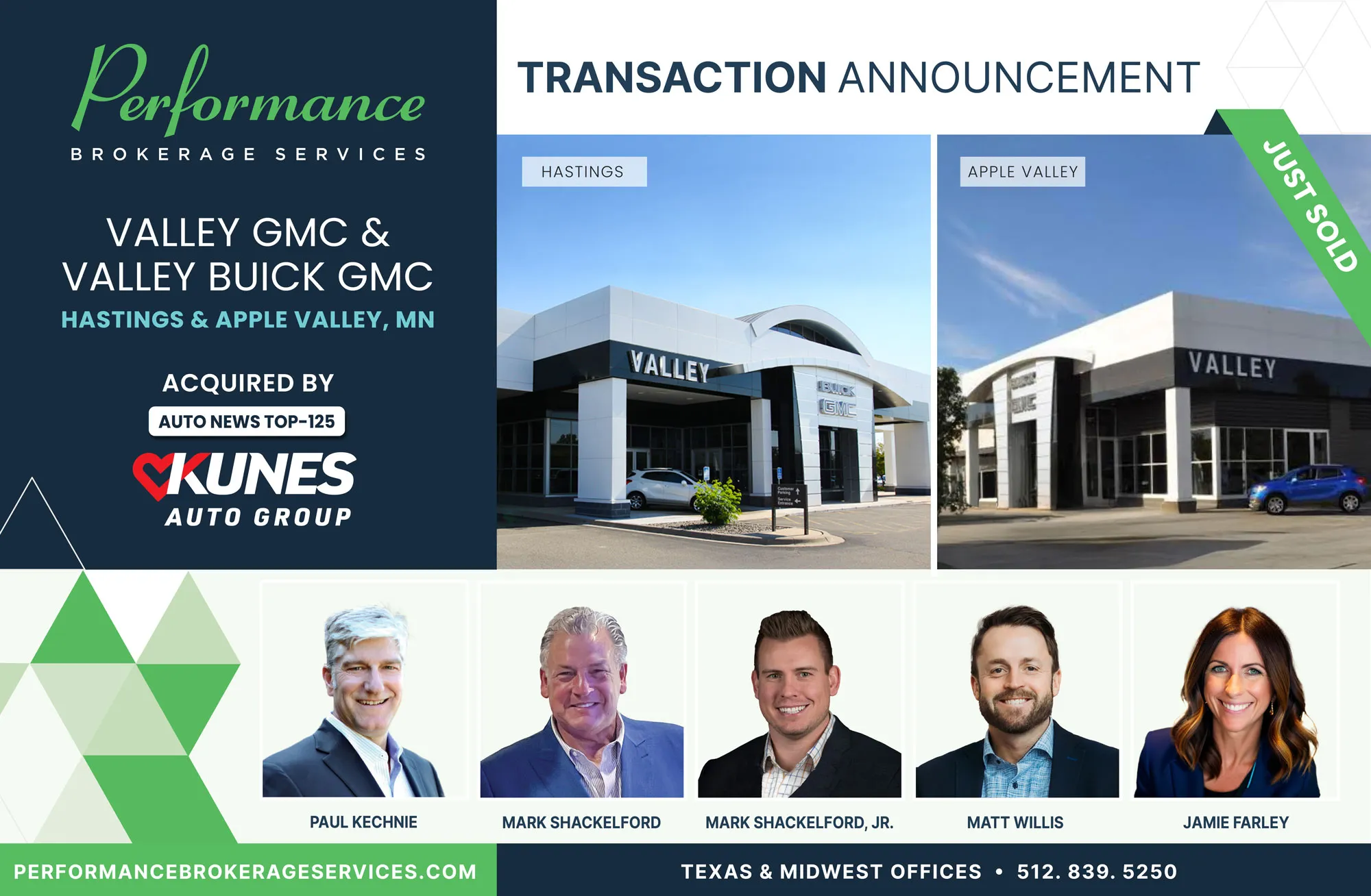 Valley GMC and Valley Buidk GMC in Hastings and Apple Valley sells to Kunes Auto Group with Performance Brokerage