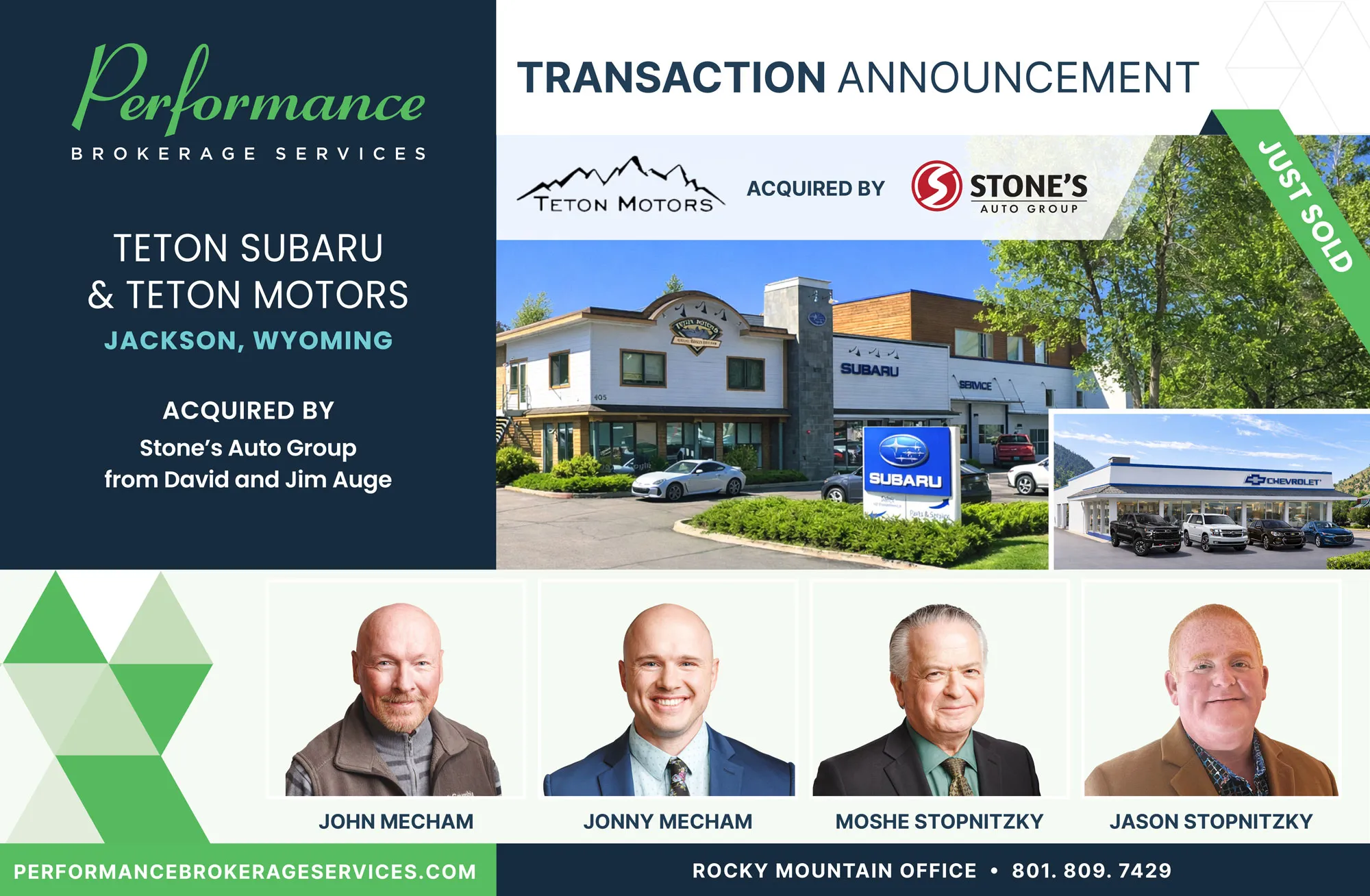 Teton Subaru & Teton Motors sells to Stone's Auto with Performance Brokerage