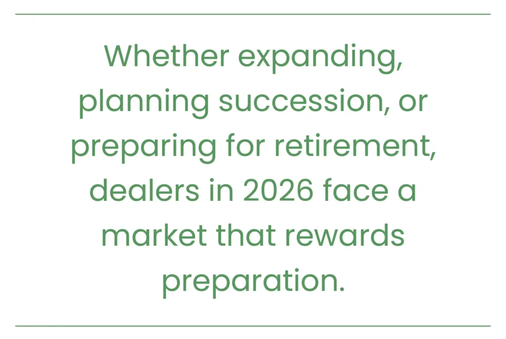 Quote stating that dealers in 2026 face a market that rewards preparation when expanding, planning succession, or preparing for retirement.