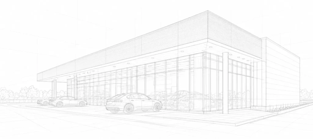 Faint architectural sketch of a modern dealership facility.