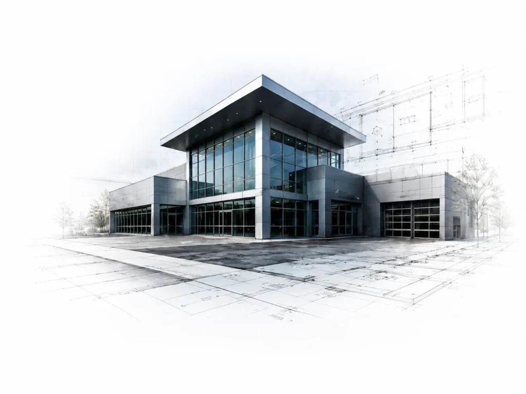 Modern dealership facility with architectural blueprint elements representing dealership real estate planning and valuation.