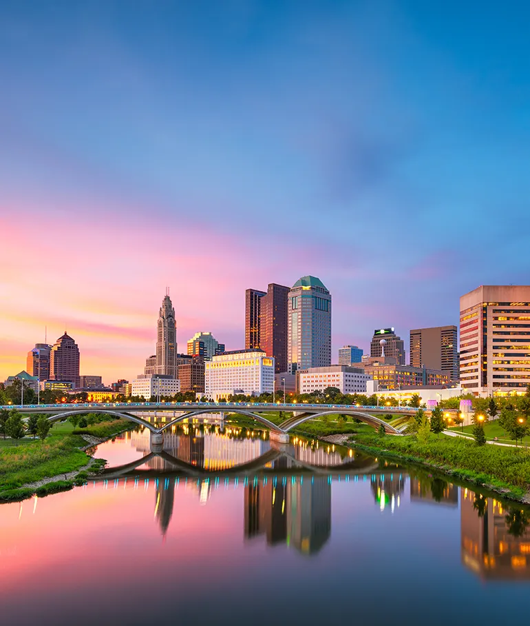 Columbus, Ohio skyline at sunset, host city for 2026 NPDA Dealer Connect