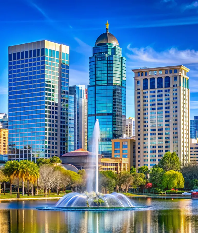 Downtown Orlando, Florida skyline and fountain near the Kubota Connect 2026 conference location