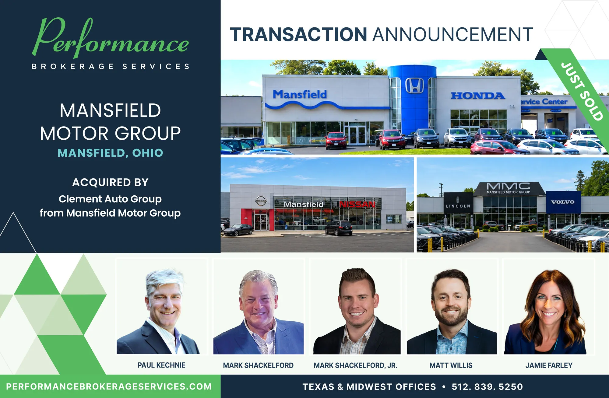 Mansfield Motor Group sells to Clement Auto Group with Performance Brokerage