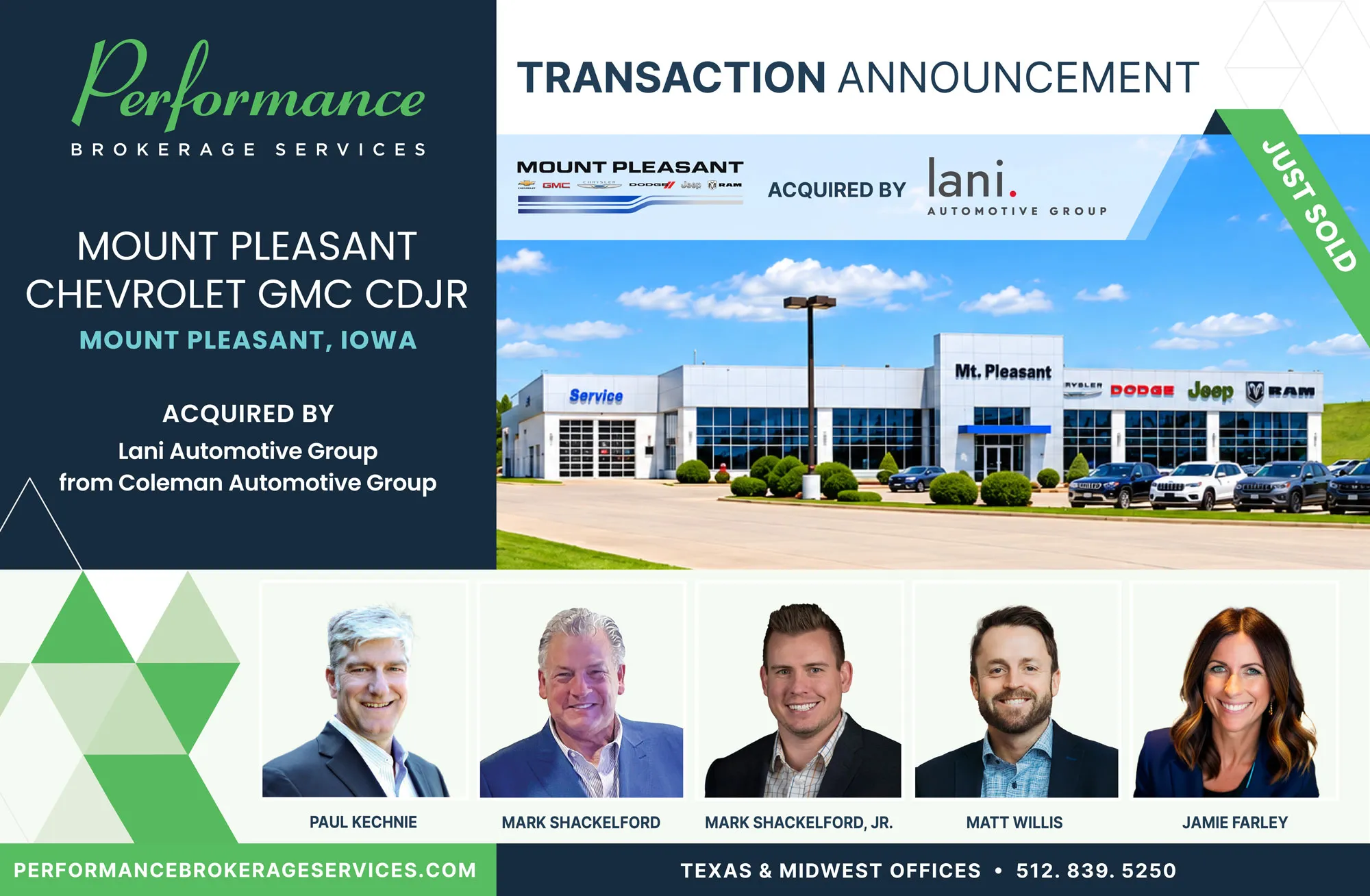 Mount Pleasant Chevrolet GMC CDJR sells to Lani Automotive Group with Performance